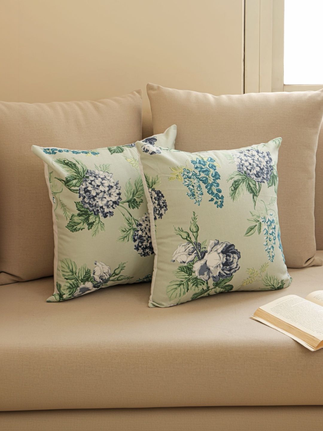 The Home Story Blue Set of 2 Floral Square Cotton Cushion Covers 16 Inches