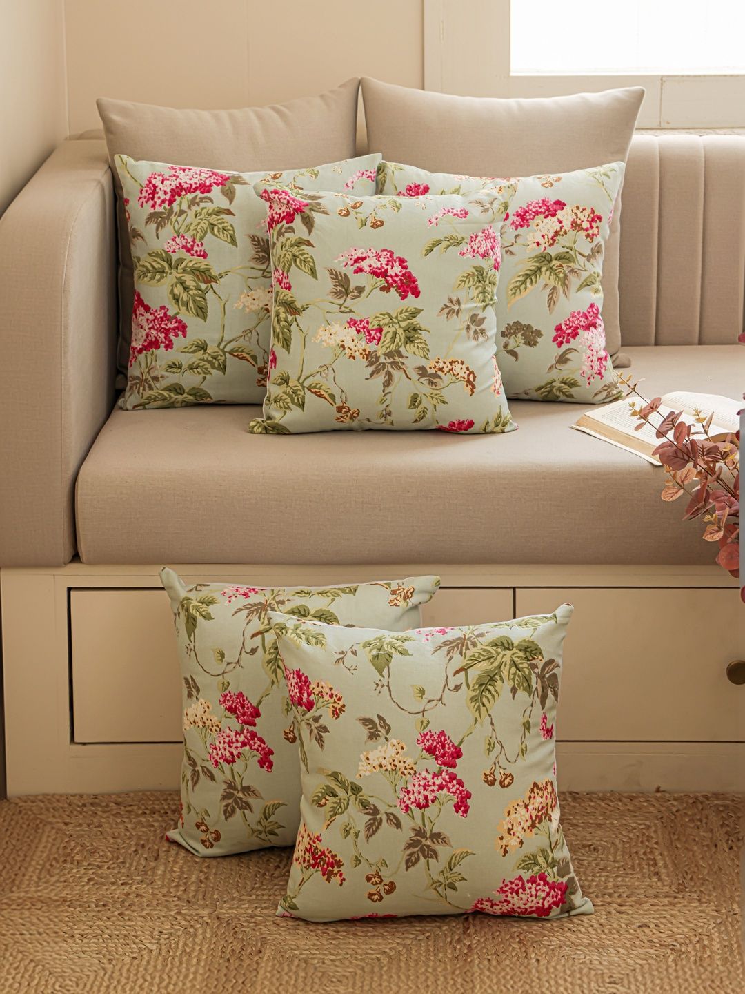 Clasiko Set of 5 Green & Pink Floral Square Cotton Cushion Cover