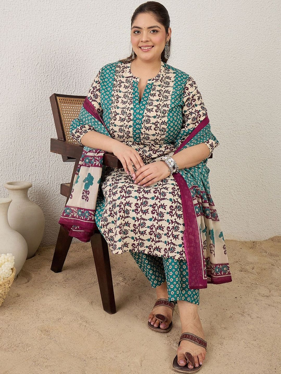 Indo Era Plus Size Multi Printed A-Line Kurta Trousers With Dupatta Set