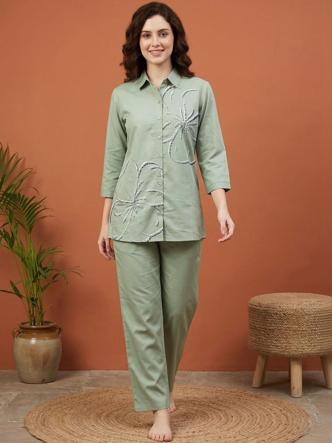 X Printed Shirt Collar Pure Cotton Shirt with Trousers