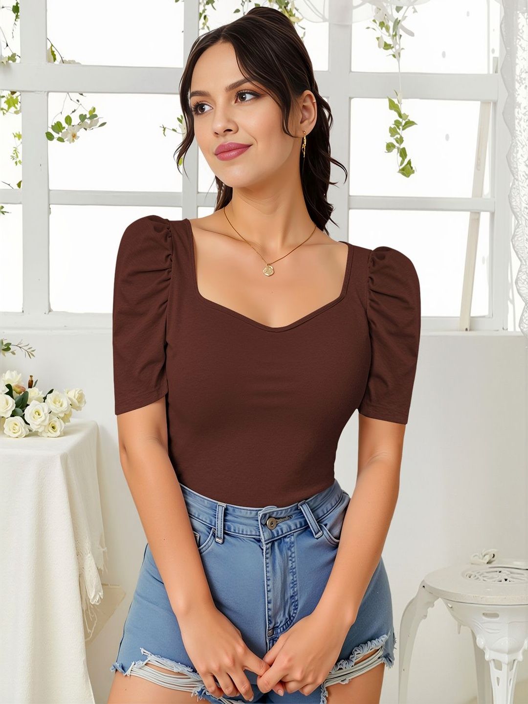 Navyankaa Casual Polyester Blend Sweetheart Neck Short Sleeves Regular Fit 22 Inches Tops