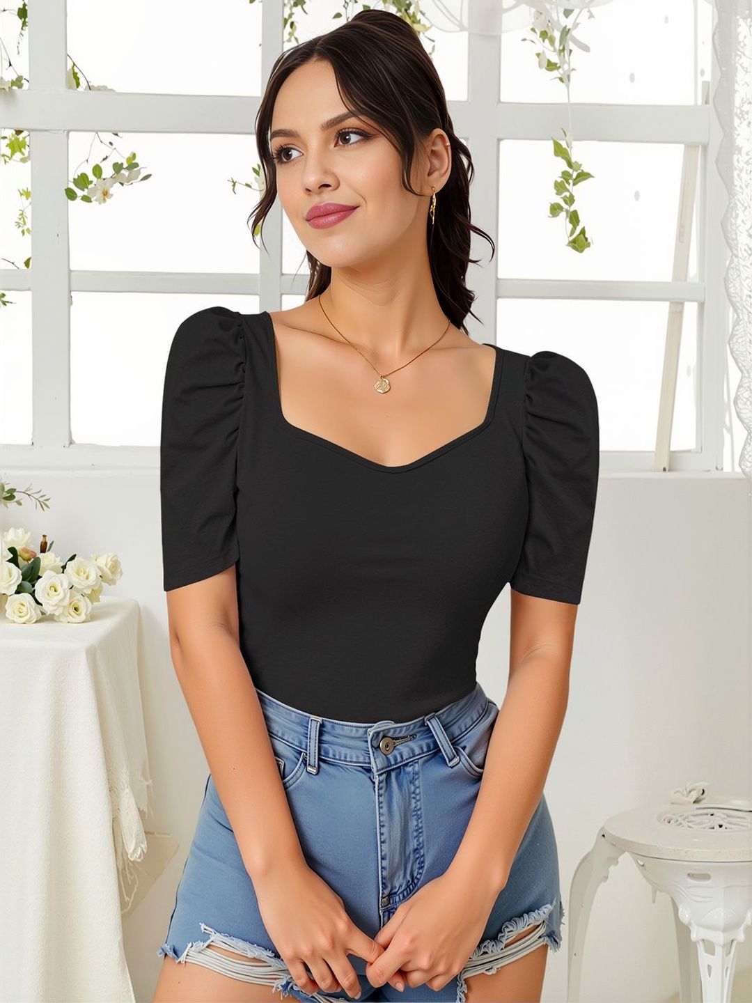 Navyankaa Casual Polyester Blend Sweetheart Neck Short Sleeves Regular Fit 22 Inches Tops