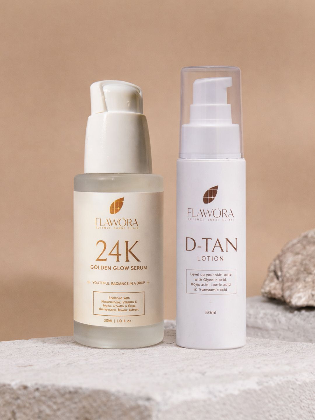 Flawora  Set of 2 24K Pigmentation & Tan Golden Glow Face Serum & D-Tan Lotion