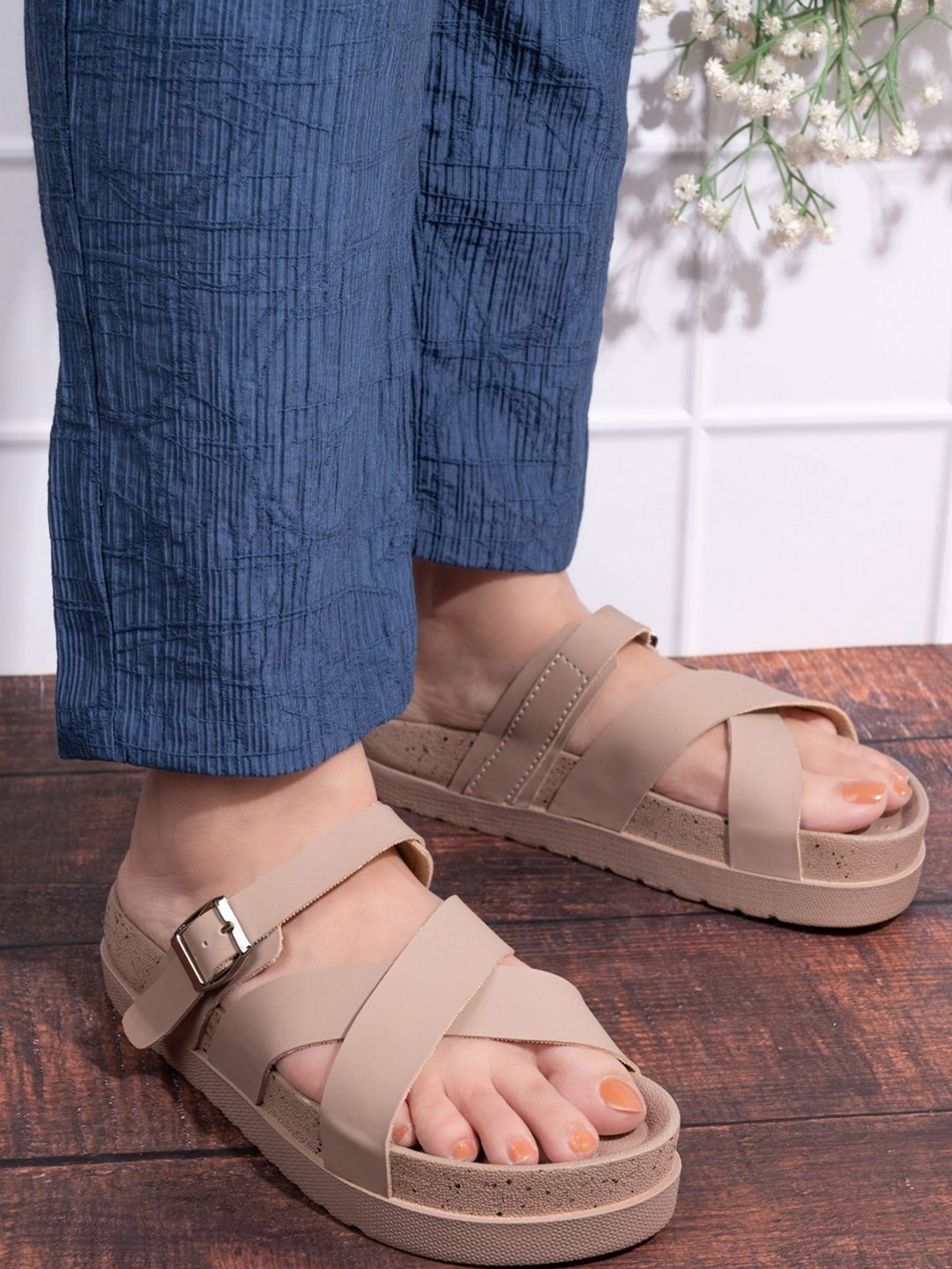 Layasa Women Striped Open Toe Flats with Buckles