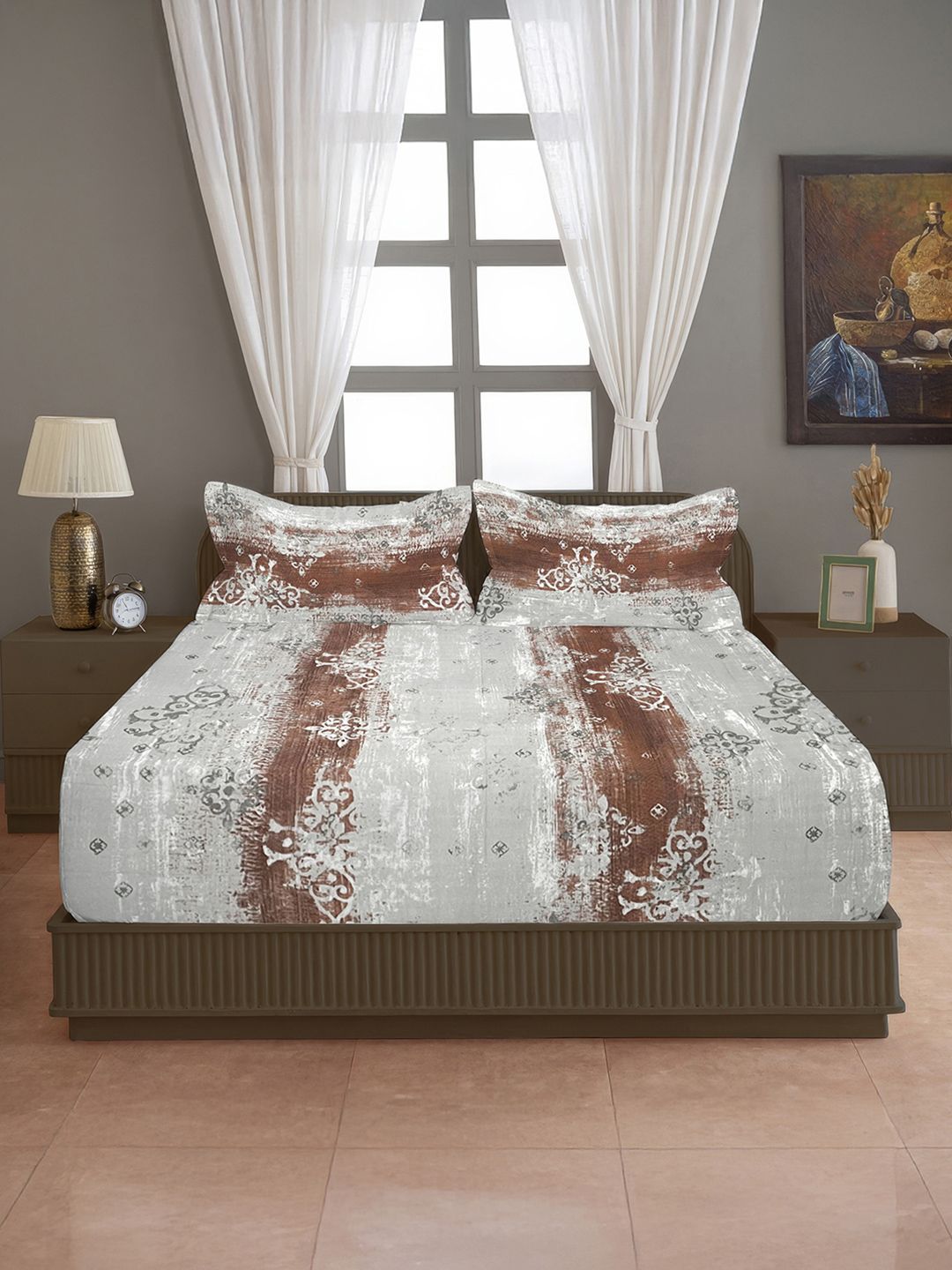 SWAYAM Brown Abstract Pure Cotton Breathable 160 TC King Bedsheet with 2 Pillow Covers-13 x 12 inches