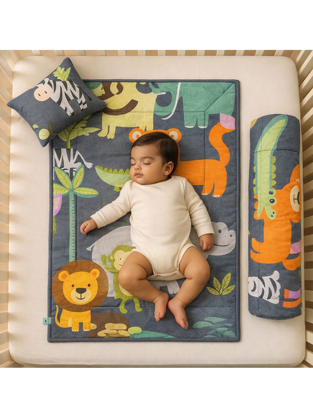 ZIKKU Kids-Unisex Infants Grey & Yellow Printed Pure Cotton 3-Pcs Baby Bedding Set