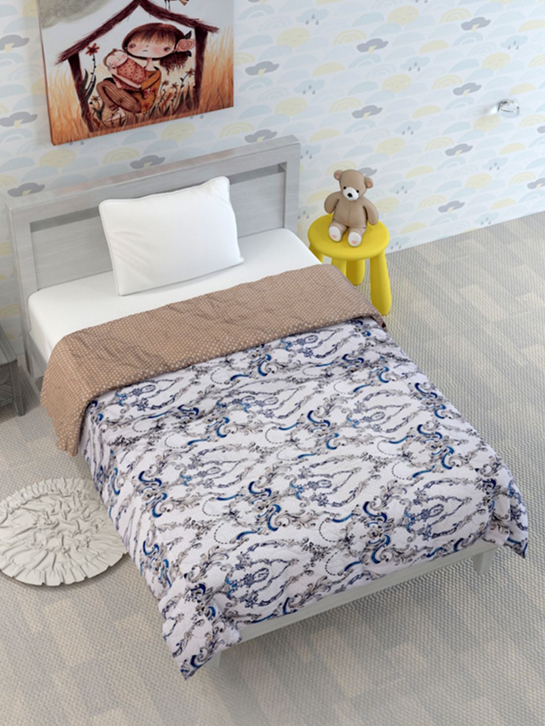 Beige & Brown Floral Microfiber Mild Winter 120 GSM Reversible Single Kids Comforter