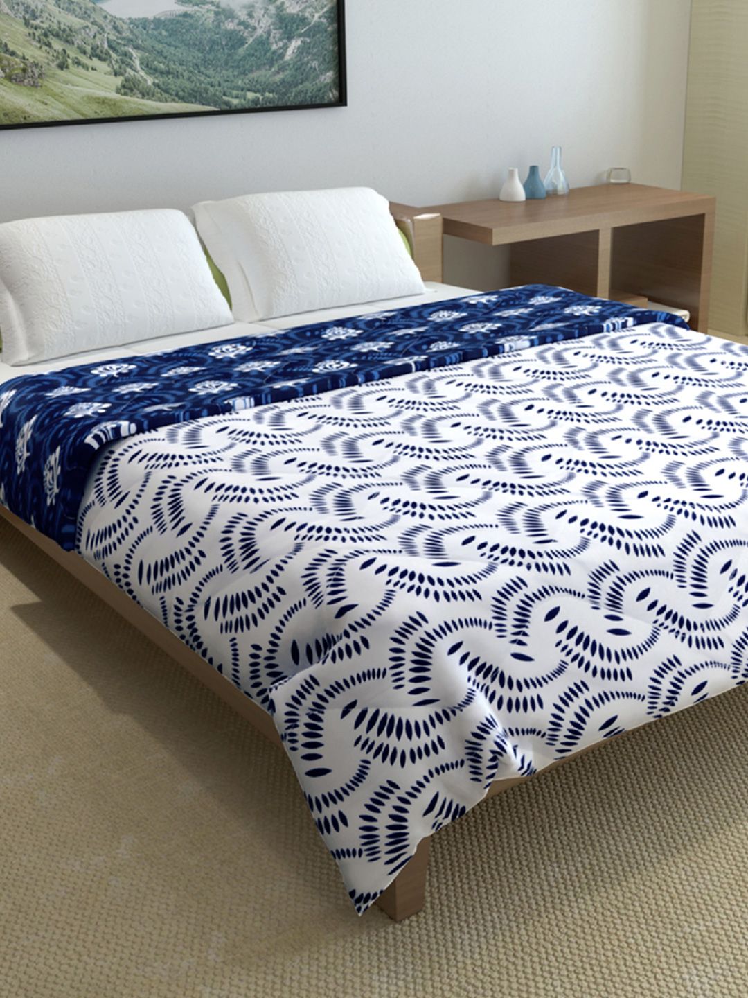 Navy Blue & White Floral Microfiber Mild Winter 150 GSM Reversible Double Bed Comforter