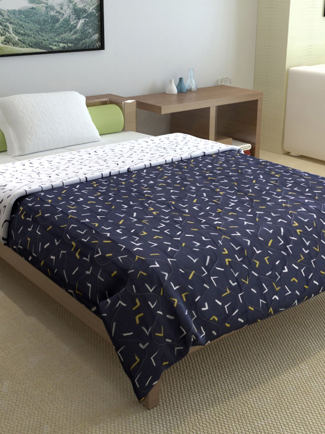 Navy Blue Abstract Microfiber Mild Winter 120 GSM Reversible Single Bed Comforter