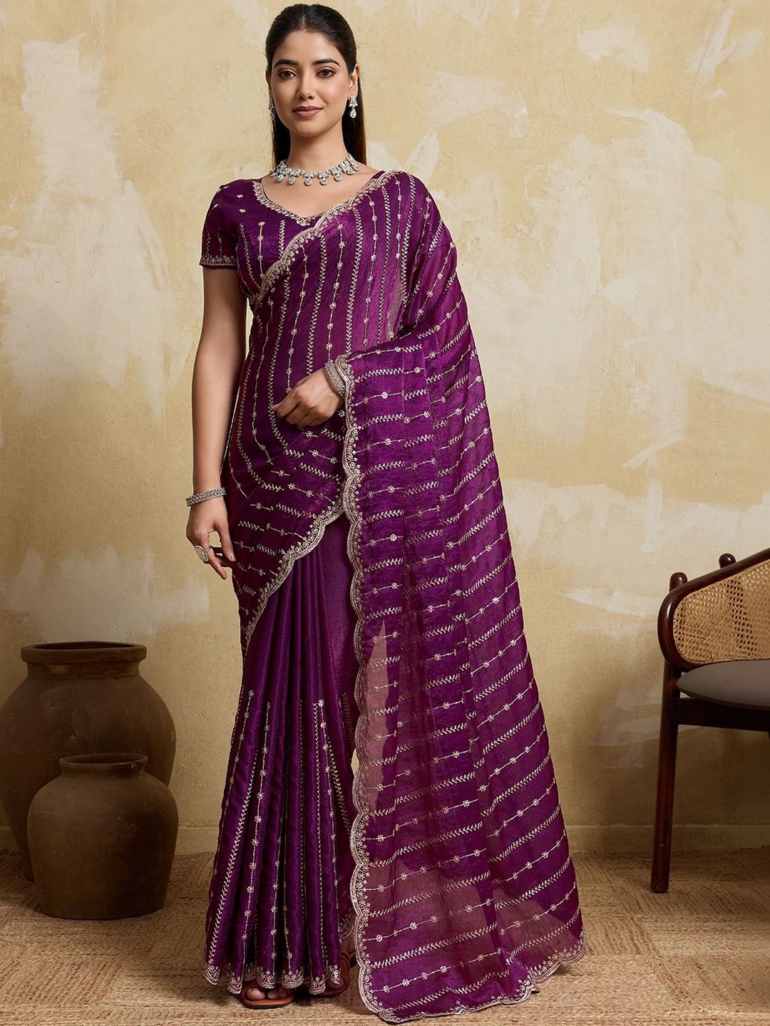 HERE&NOW Womens Wine Embroidered Organza Blouse Piece & Sarees