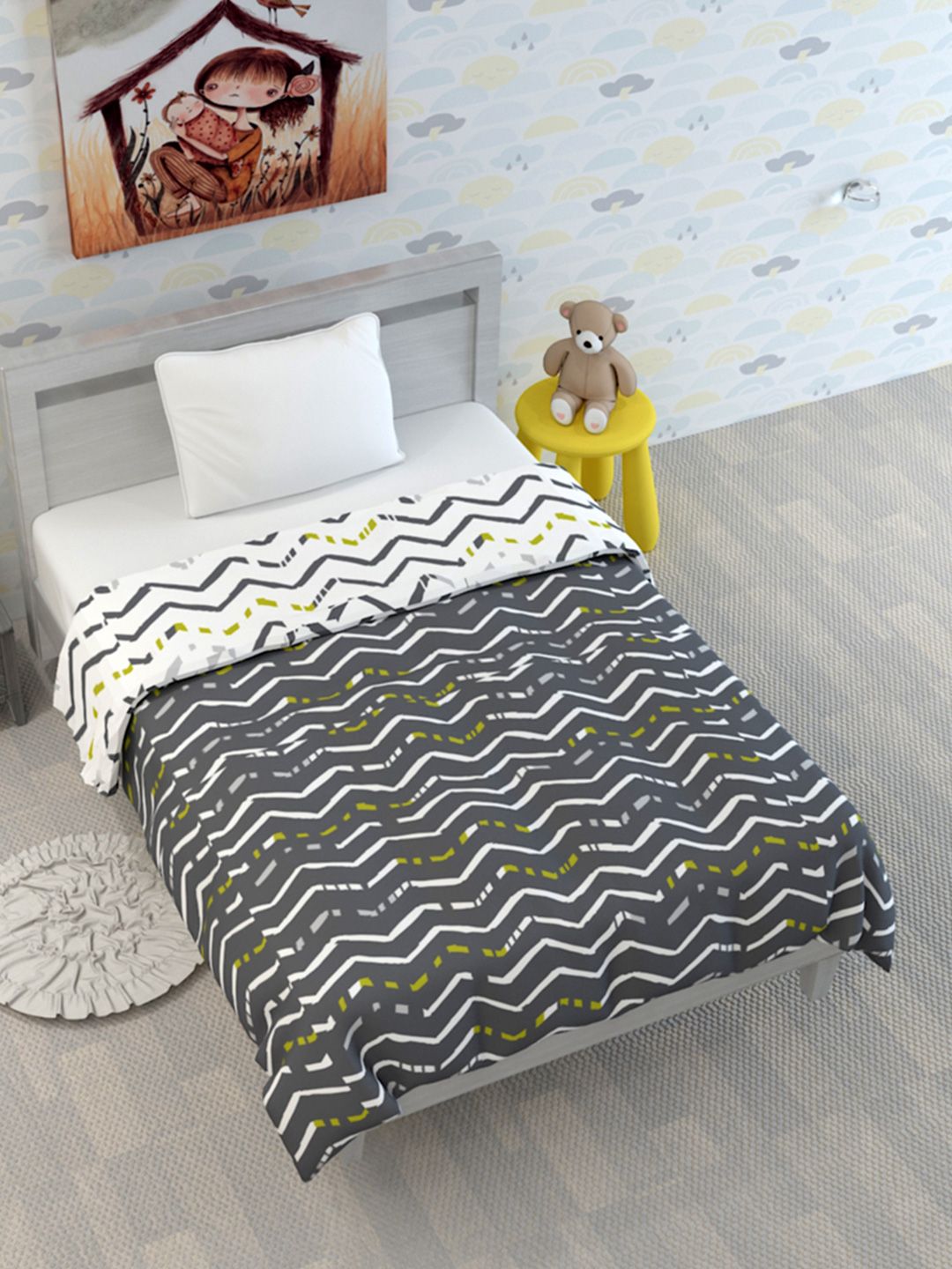 Dove & White Abstract Microfiber Mild Winter 120 GSM Reversible Single Kids Comforter