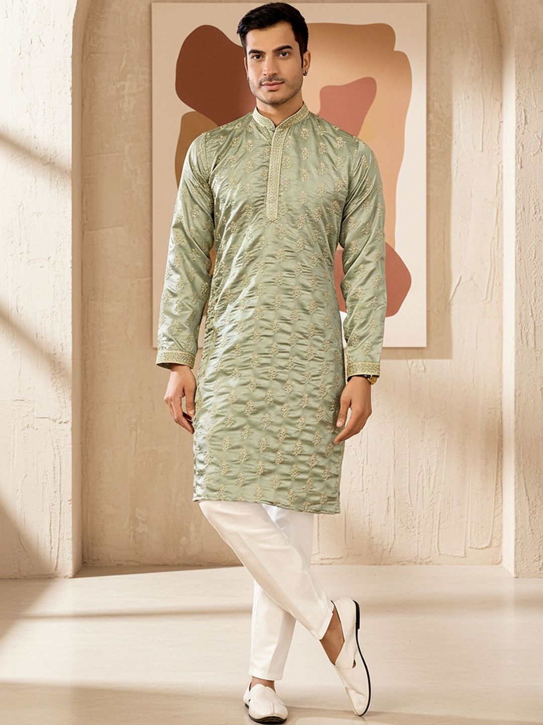 INDIROOP Ethnic Motifs Embroidered Regular Thread Work Kurta with Trousers