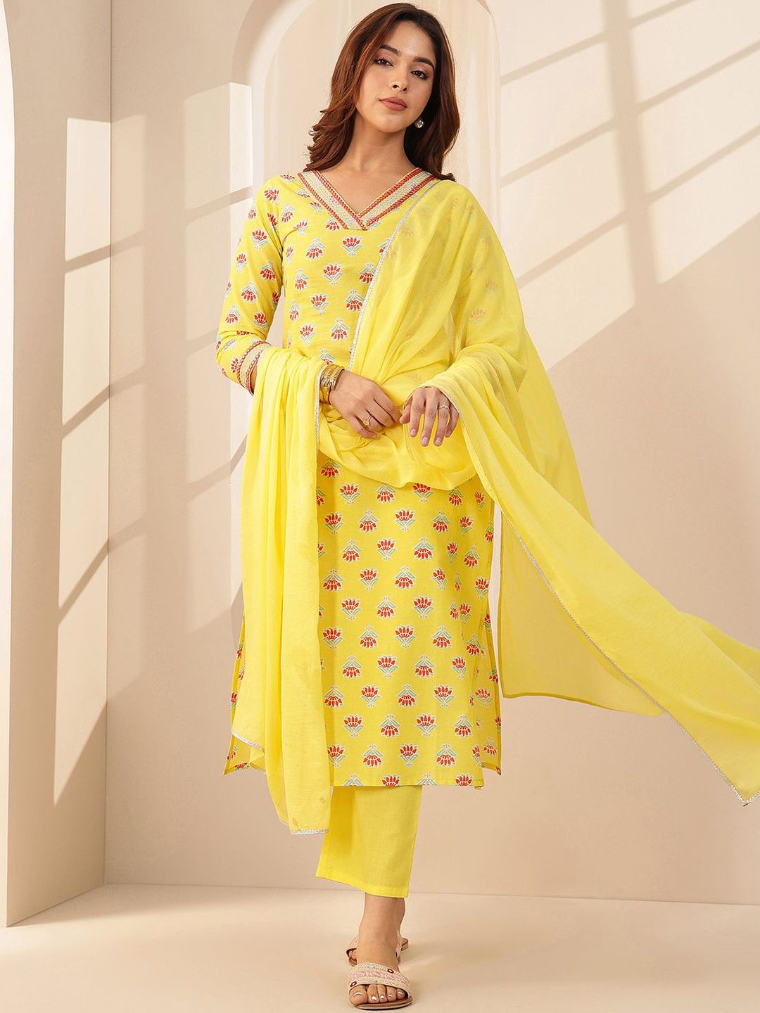 Libas Women Floral Printed Regular Mirror Work Kurta with Trousers & With Dupatta