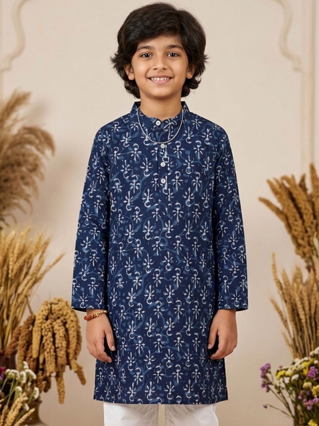KiddoPanti Boys Floral Printed Asymmetric Kurta