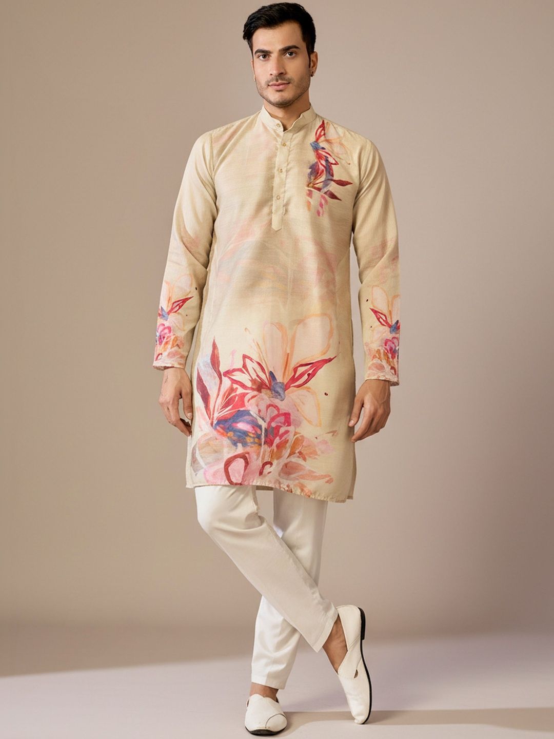 INDIROOP Floral Printed Mandarin Collar Pure Cotton Straight Kurta