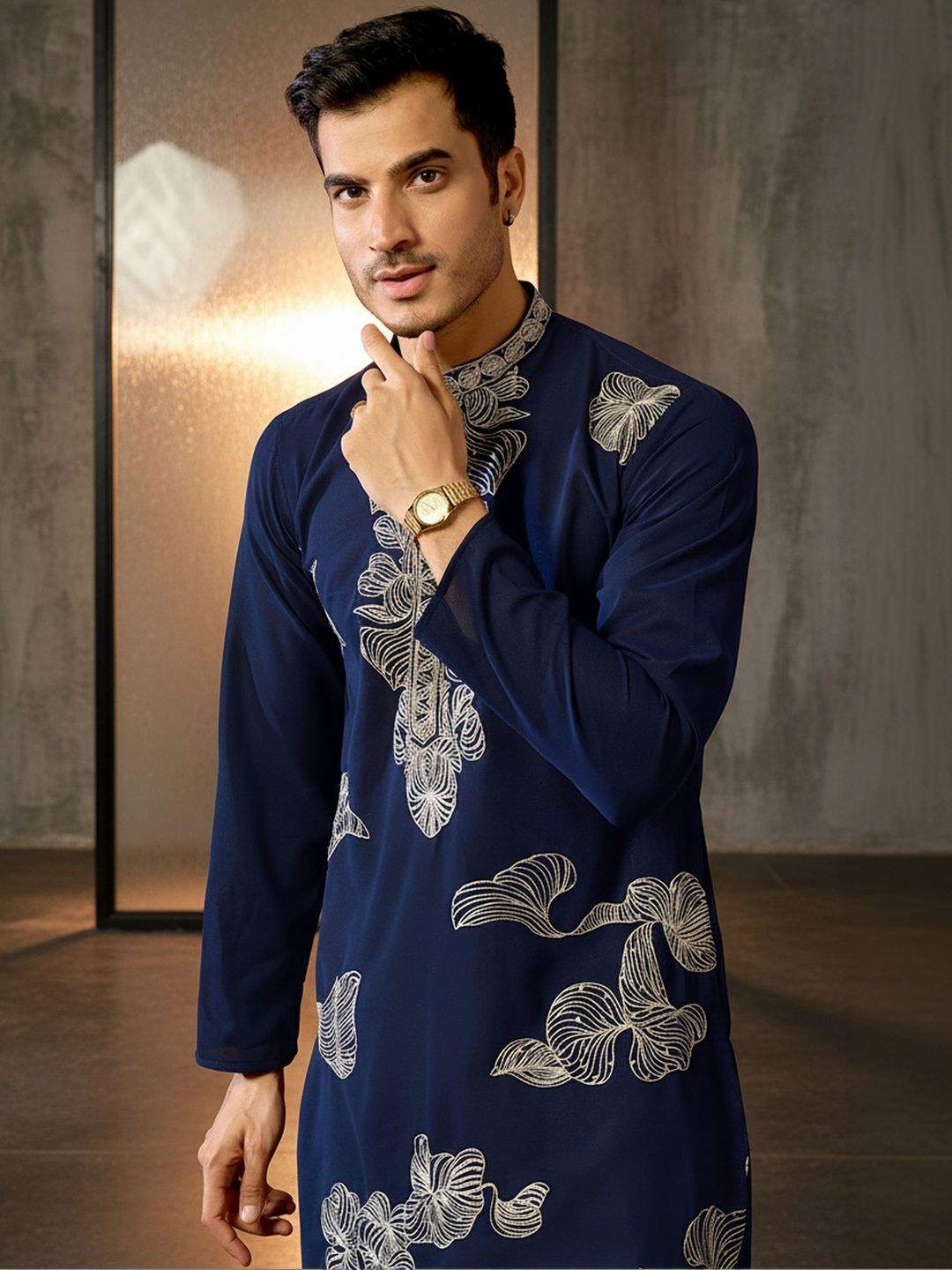 INDIROOP Ethnic Motifs Embroidered Regular Thread Work Kurta with Trousers