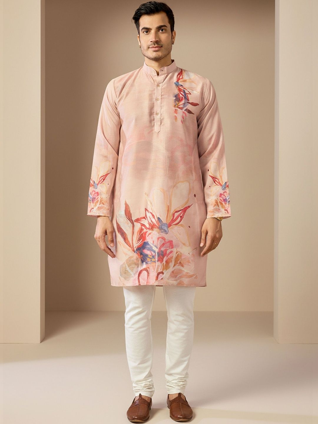 INDIROOP Floral Printed Mandarin Collar Pure Cotton Straight Kurta