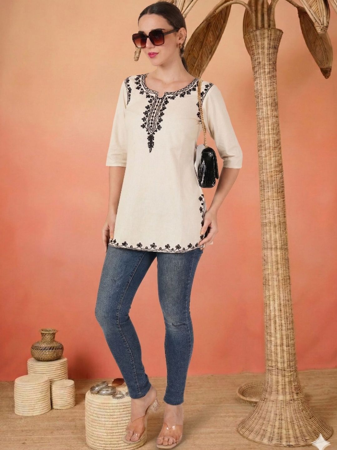 Sangria FUZN Floral Embroidered V-Neck Pure Cotton Blend Khadi Kurti