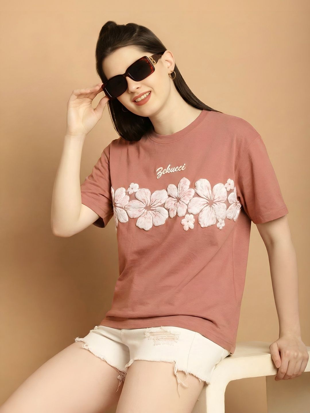 STARWORD Women Floral Printed Applique T-shirt