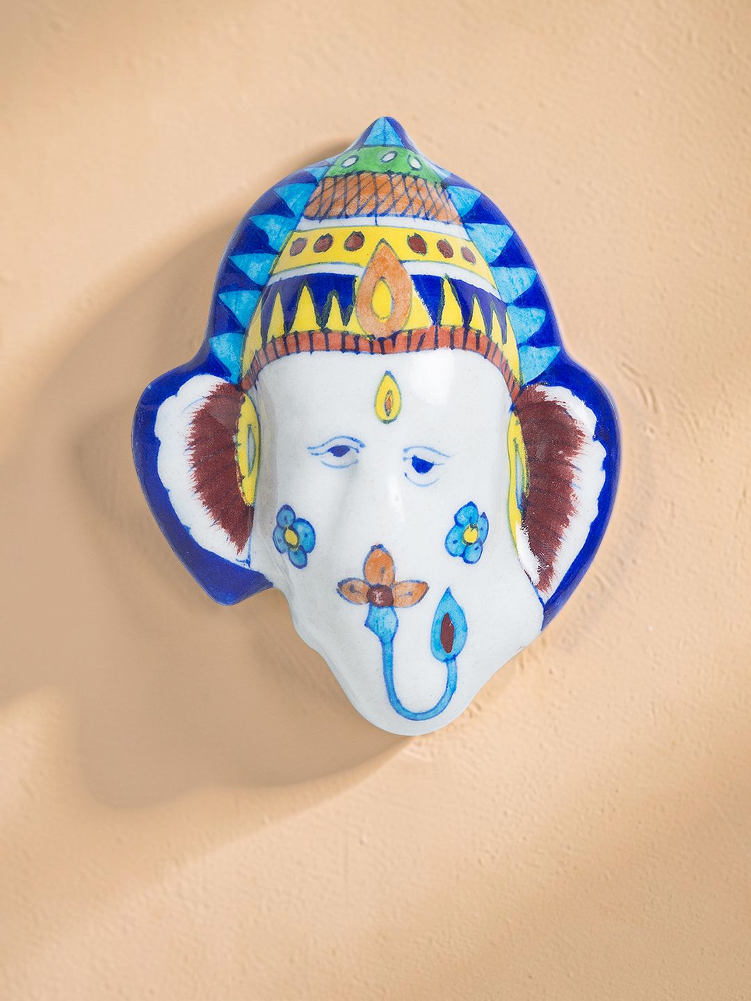 Golden Peacock Blue Pottery Lord Ganesha Glossy Spiritual Wall Decor-4.9In