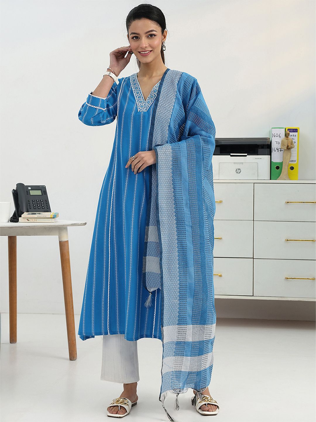 Gerua By Libas Women Striped Regular Thread Work Cotton Blend Kurta with Trousers & With Dupatta