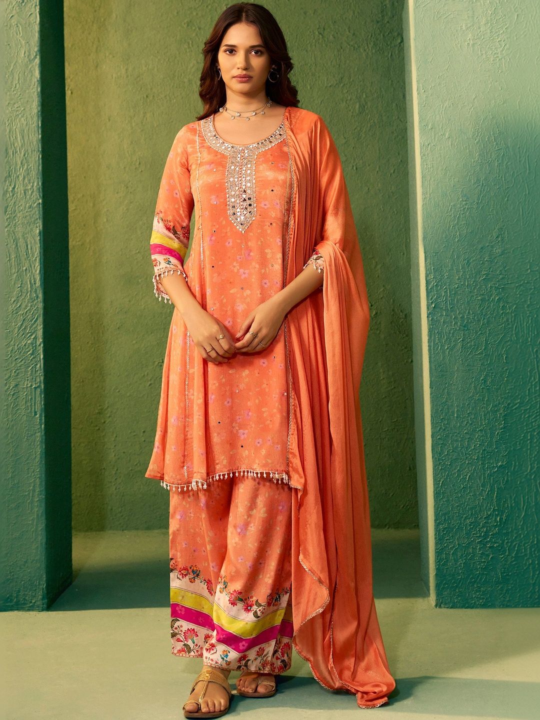 House of Pataudi Embroidered  Scoop Neck Kurta & Palazzos With Dupatta
