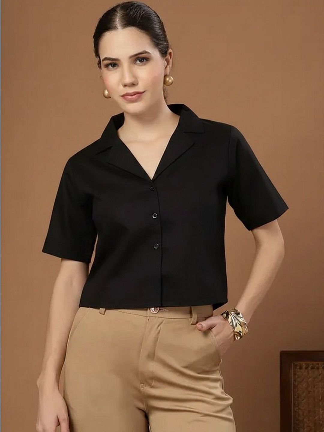TRUSTROW Crepe Shirt Style Crop Top