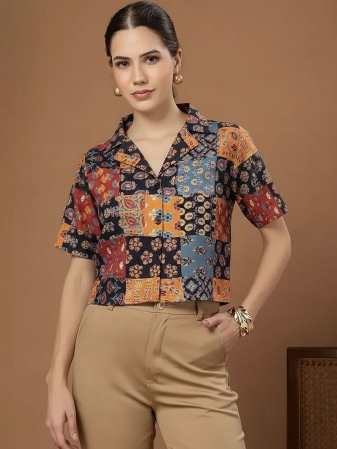 TRUSTROW Print Crepe Shirt Style Crop Top