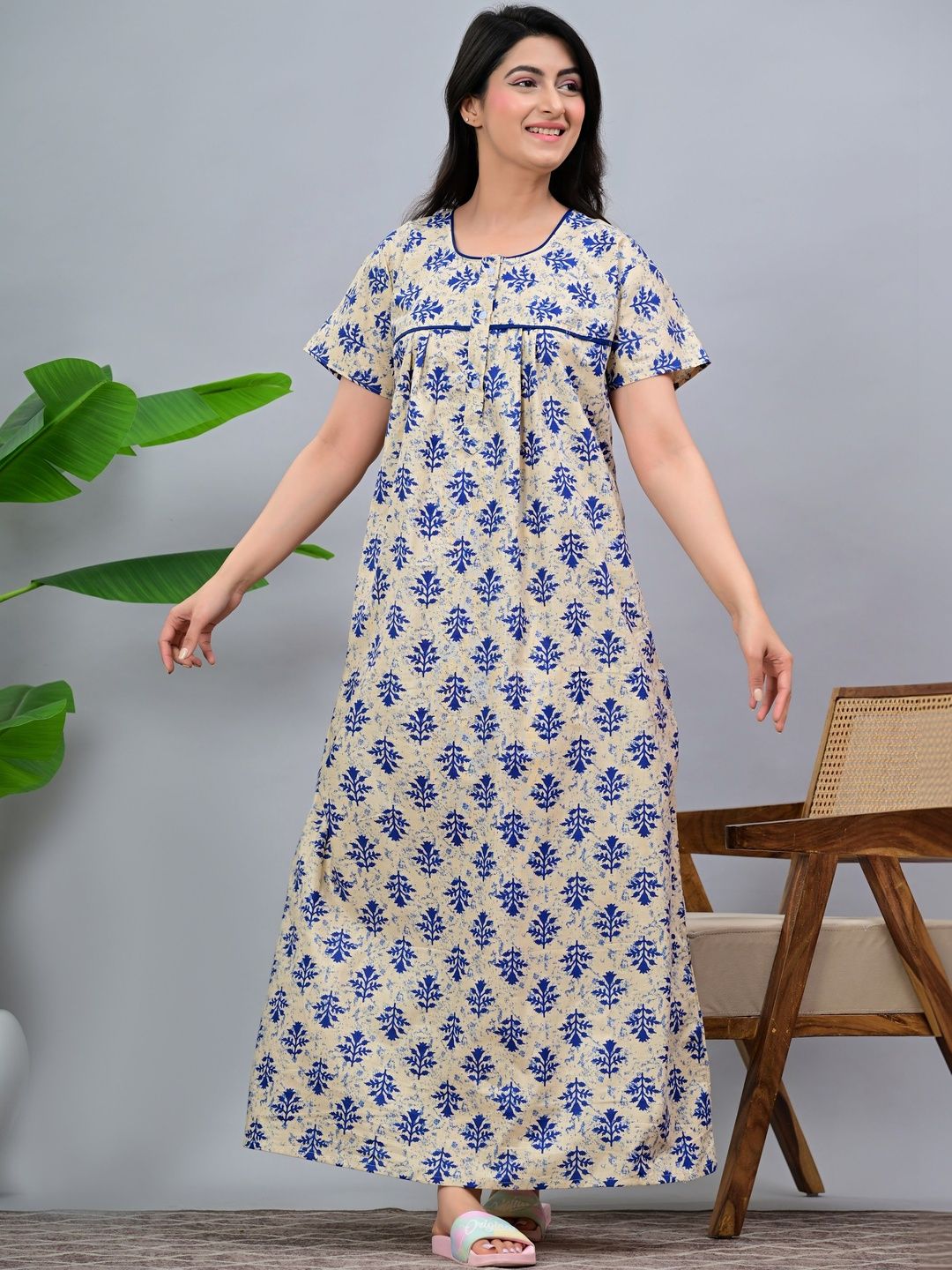 Serenita Women Printed Pure Cotton Maxi Nightdress