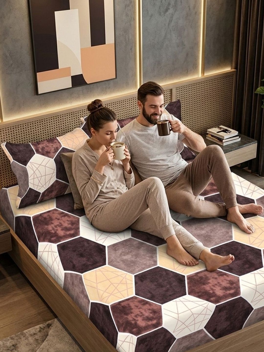 Buy FABINALIV Multicoloured Geometric Polycotton 300 TC Super King Bedsheet & 2 Pillow Covers -  - Home for Unisex