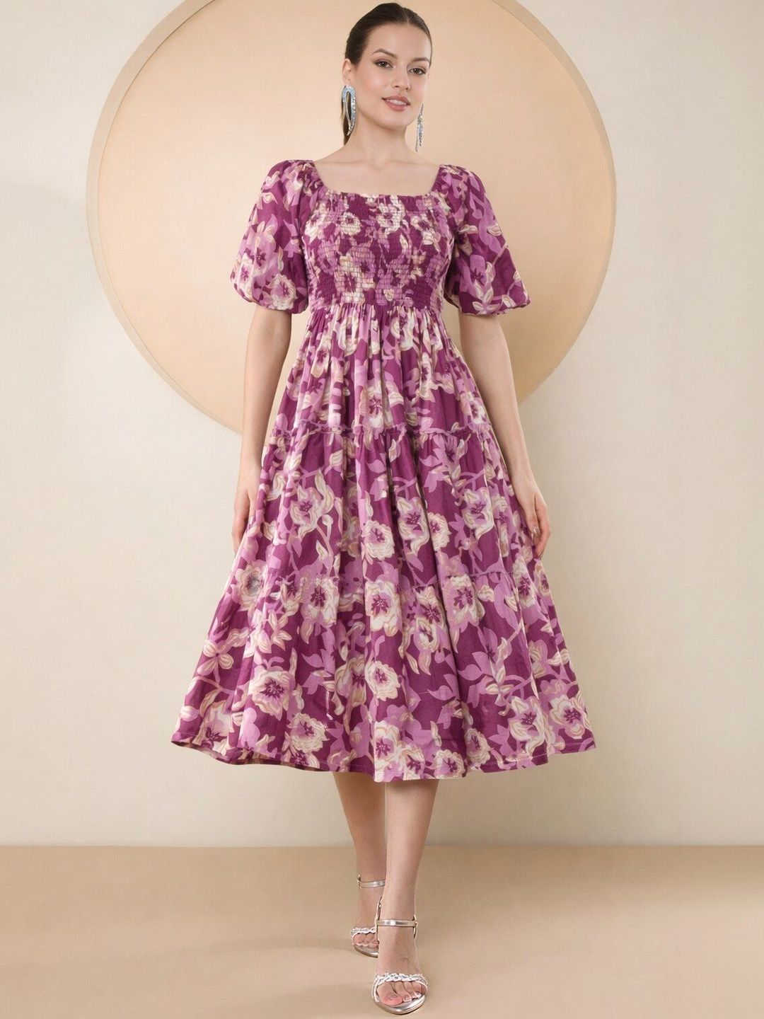 PTVIZE Crepe A-Line Flared Puff Sleeves Dress