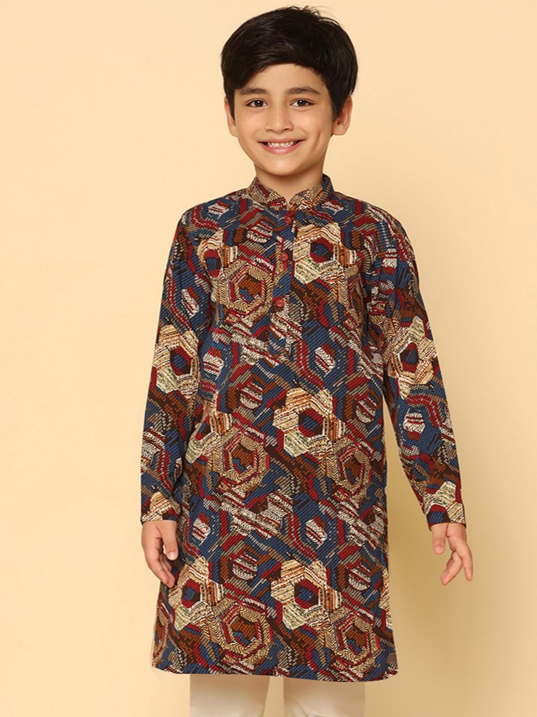 KISAH Boys Maroon Abstract Printed Mandarin Collar Straight Pure Cotton Kurta
