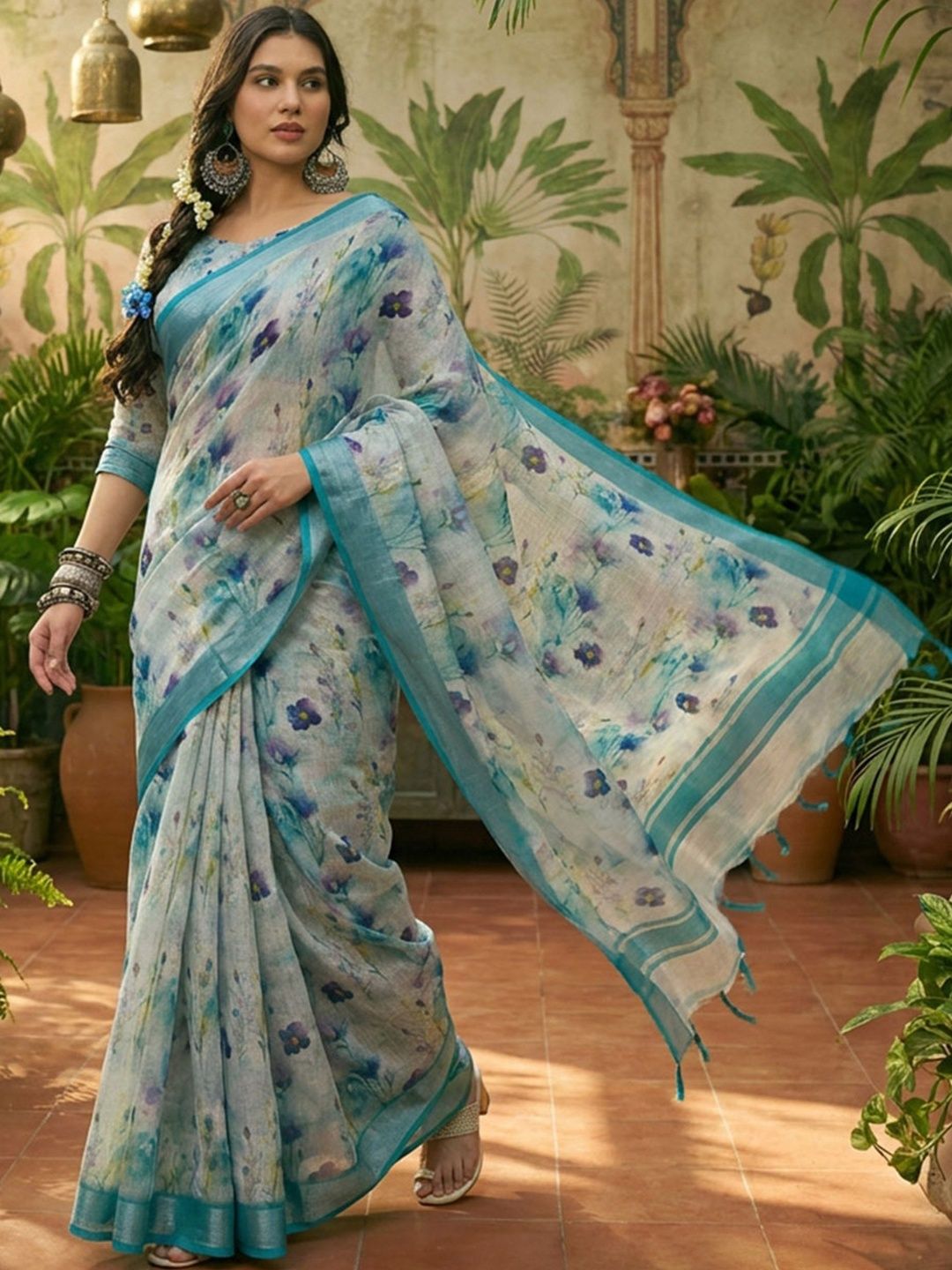 SHADOW & SAINING Women Pastel Blue Linen Cotton Digital Printed Floral Sarees