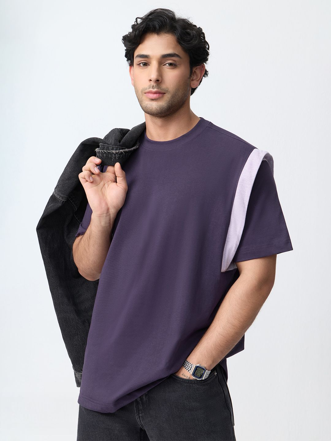 The Souled Store Mens Colourblocked Purple Oversized T-Shirts