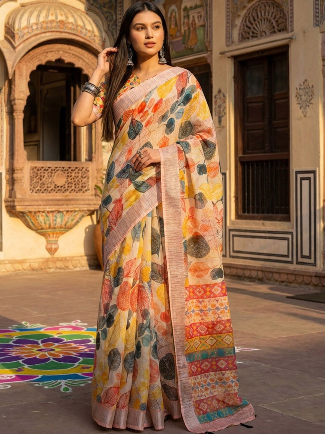 SHADOW & SAINING Women Cream Linen Cotton Digital Printed Leaf Motif Sarees