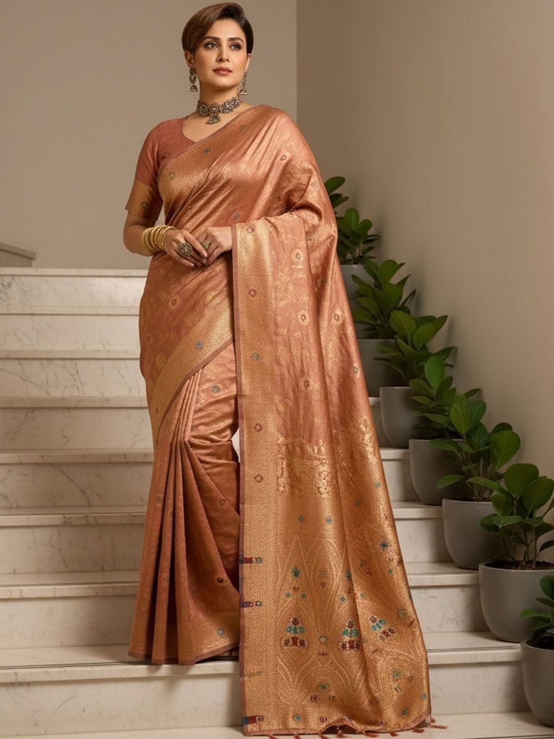 KALINI Women Rose Gold Banarasi Jacquard Zari Weaving Tassel Pallu Sarees
