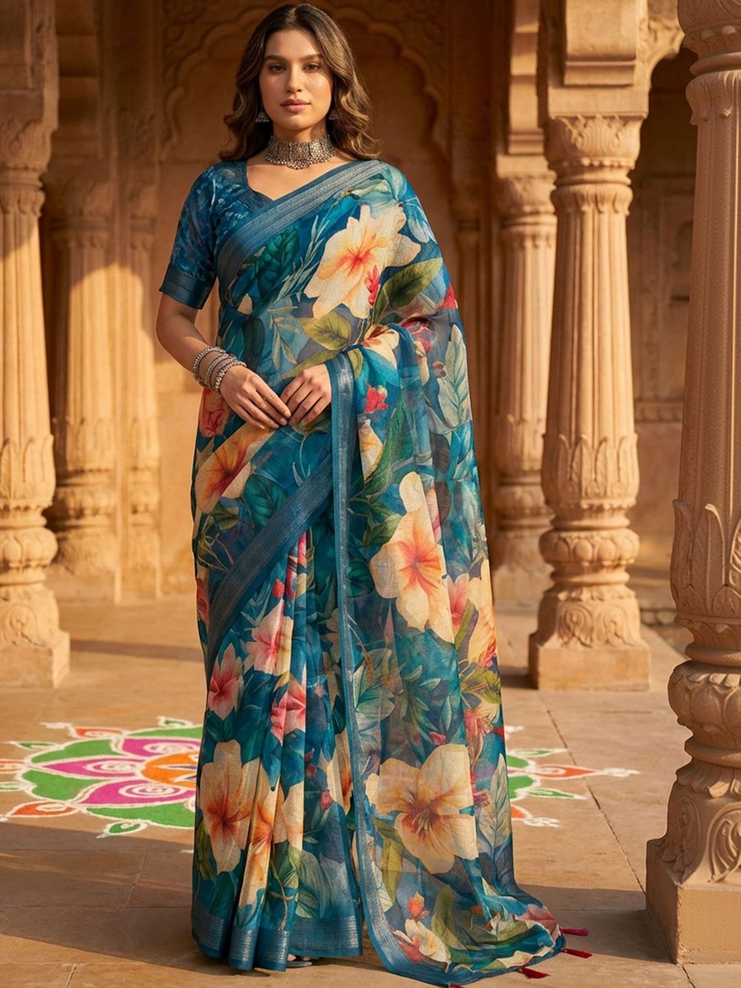 KALINI Women Blue Linen Cotton Digital Printed Floral Sarees