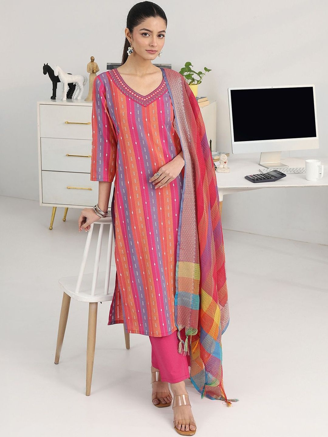 Gerua By Libas Women Striped Regular Thread Work Kurta with Trousers & With Dupatta