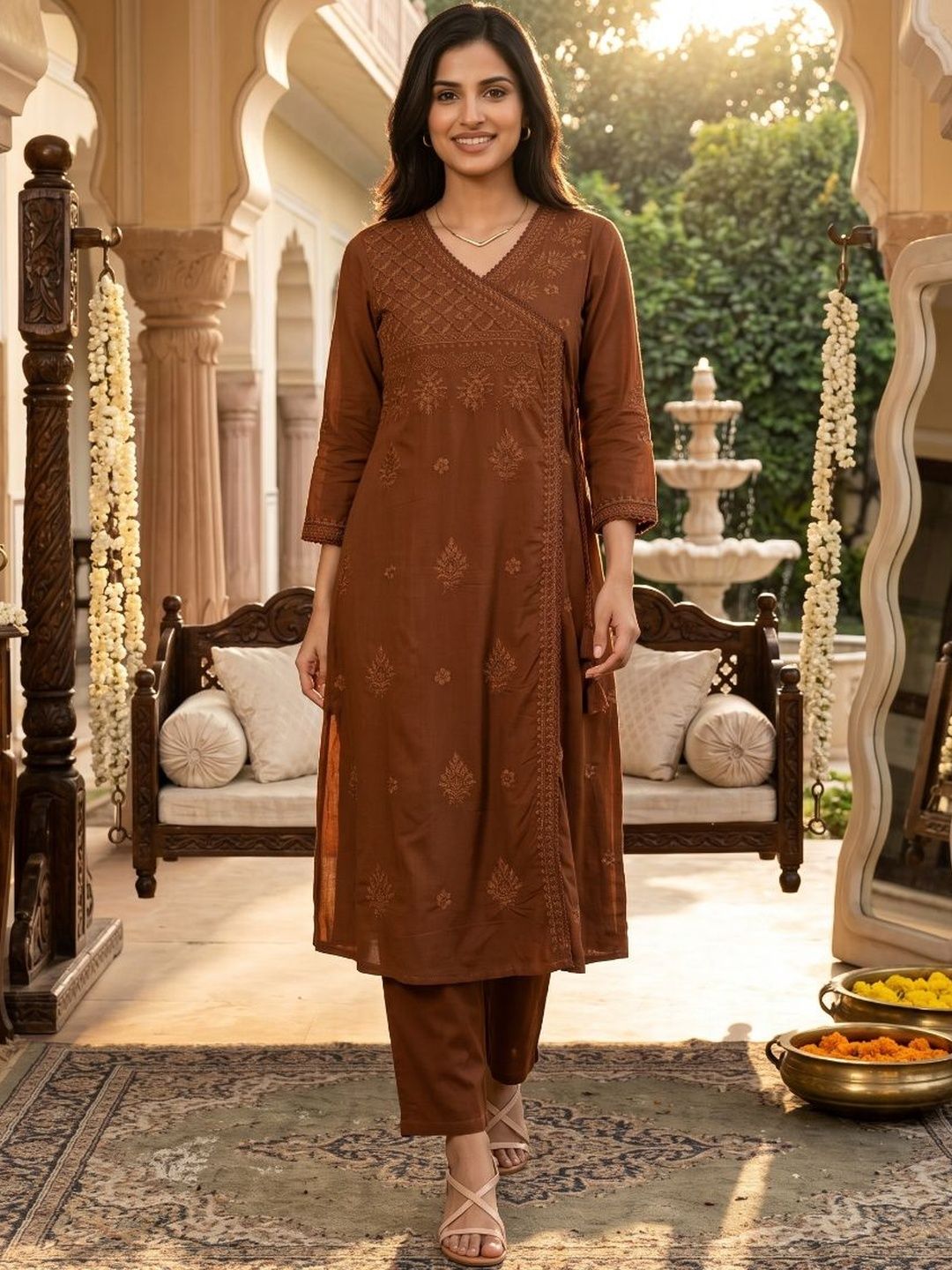 RiRi Women Ethnic Motifs Embroidered Angrakha Thread Work Pure Cotton Kurta with Trousers