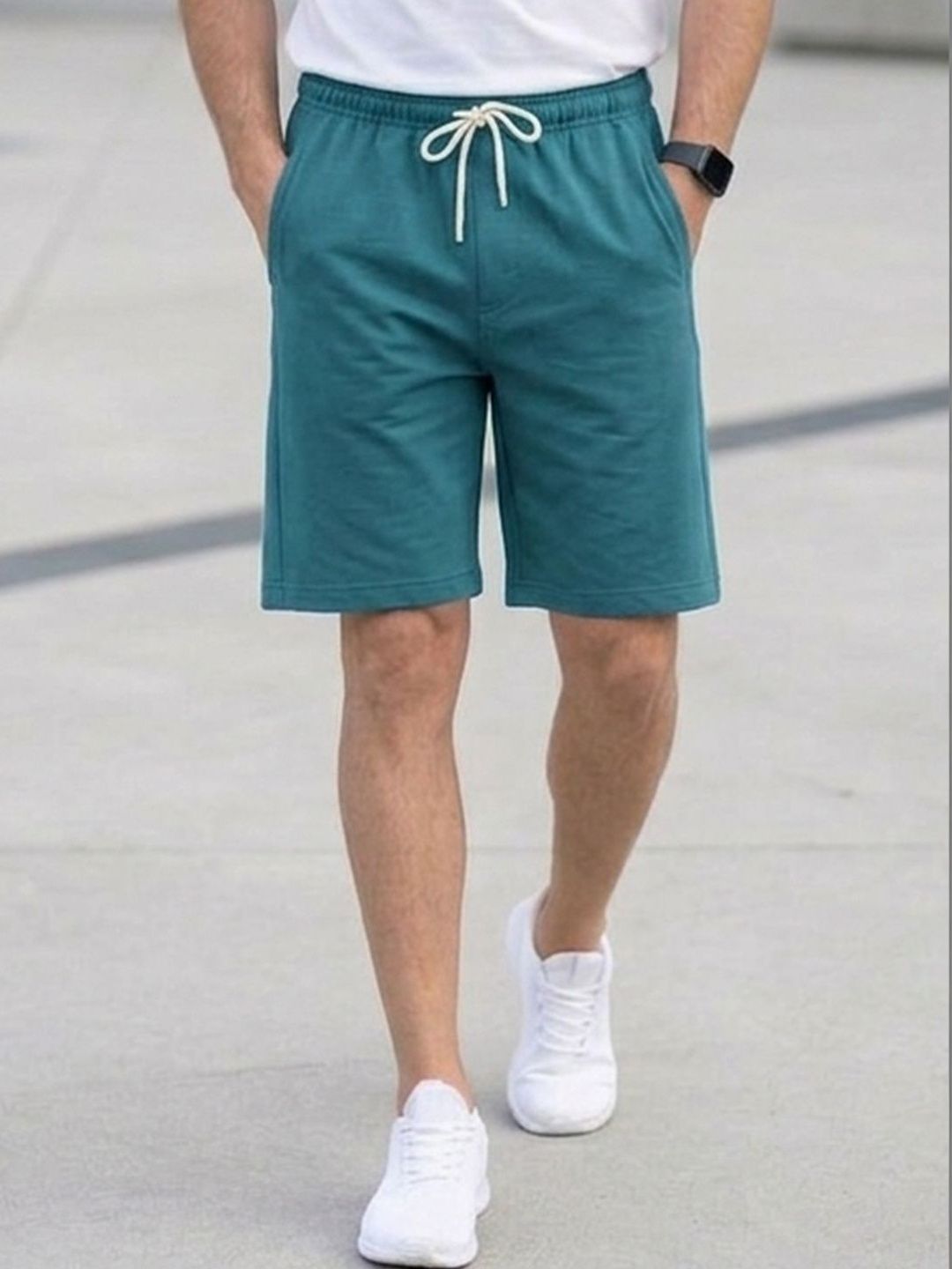 RETWE Men Mid Rise Pure Cotton Dual Side Pockets Regular Fit Teal Running Sports Shorts
