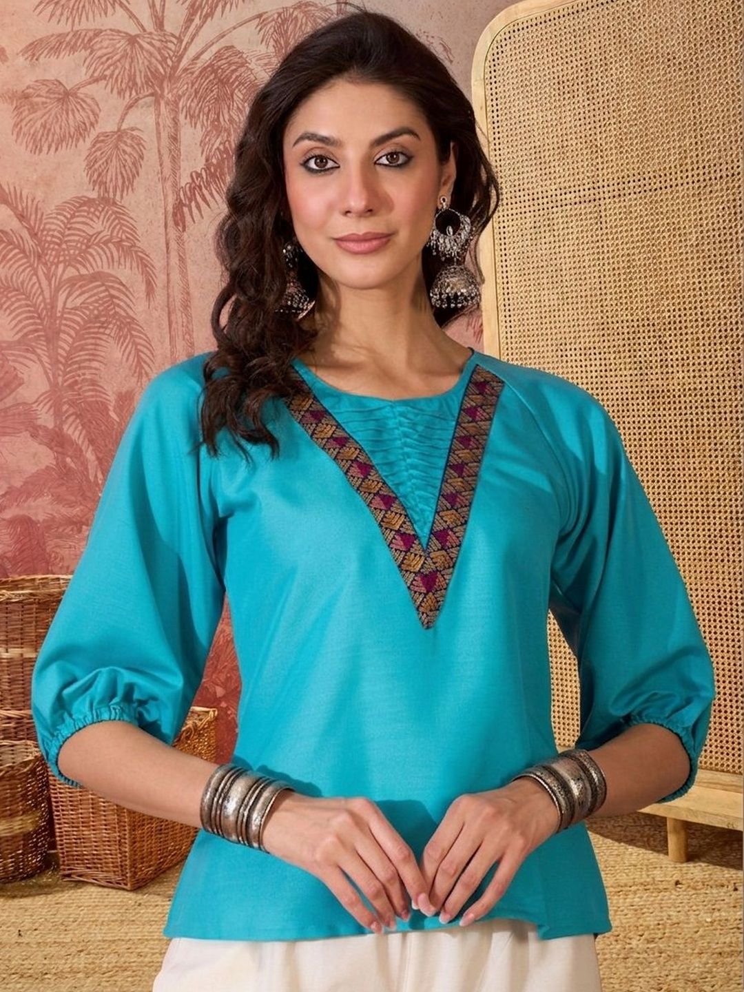 Sangria Women Puff Sleeves With Pintex Round Neck Jacquard Detailing Top