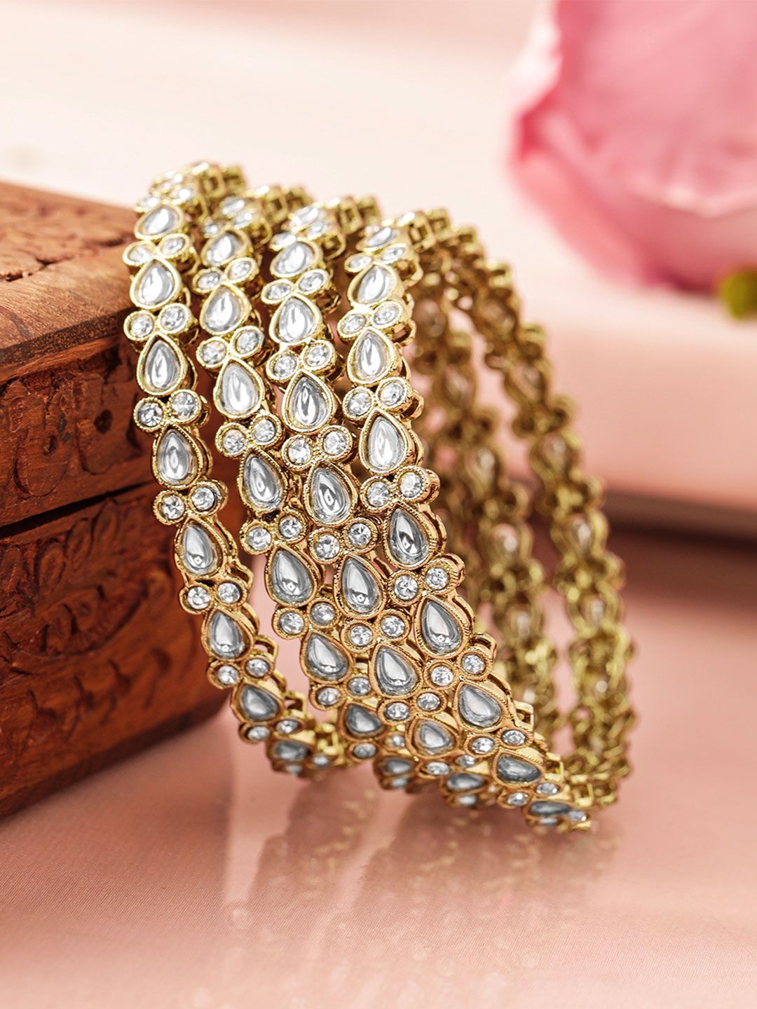 Buy Rubans Set Of 4 18K Mehandi Gold Plated Kundan & Cubic Zirconia Studded Designer Bangles -  - Accessories for Women