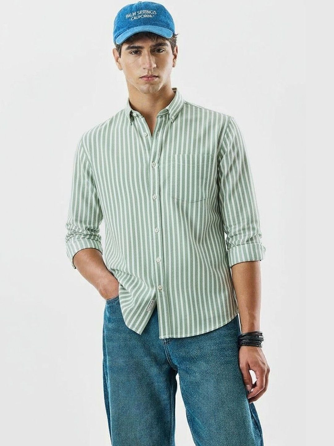 Green Vertical Stripes Regular Fit Casual Shirt