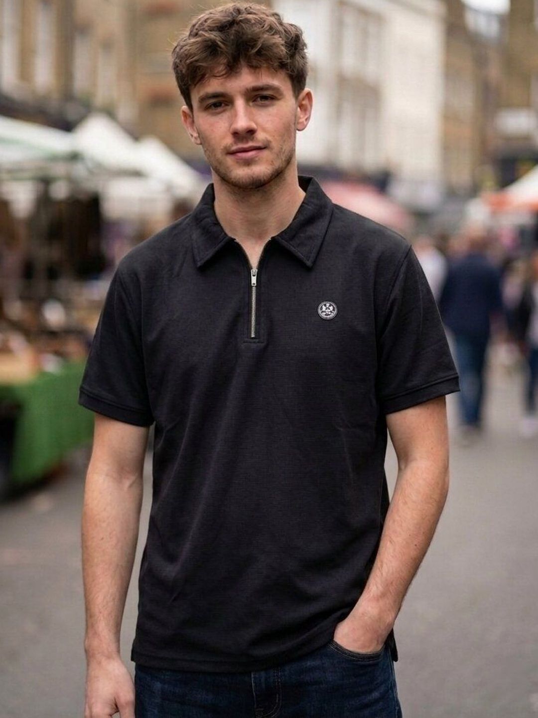 STRAY88 Men Brand Logo Embroidered Polo Collar Short Sleeves Cotton T-shirt