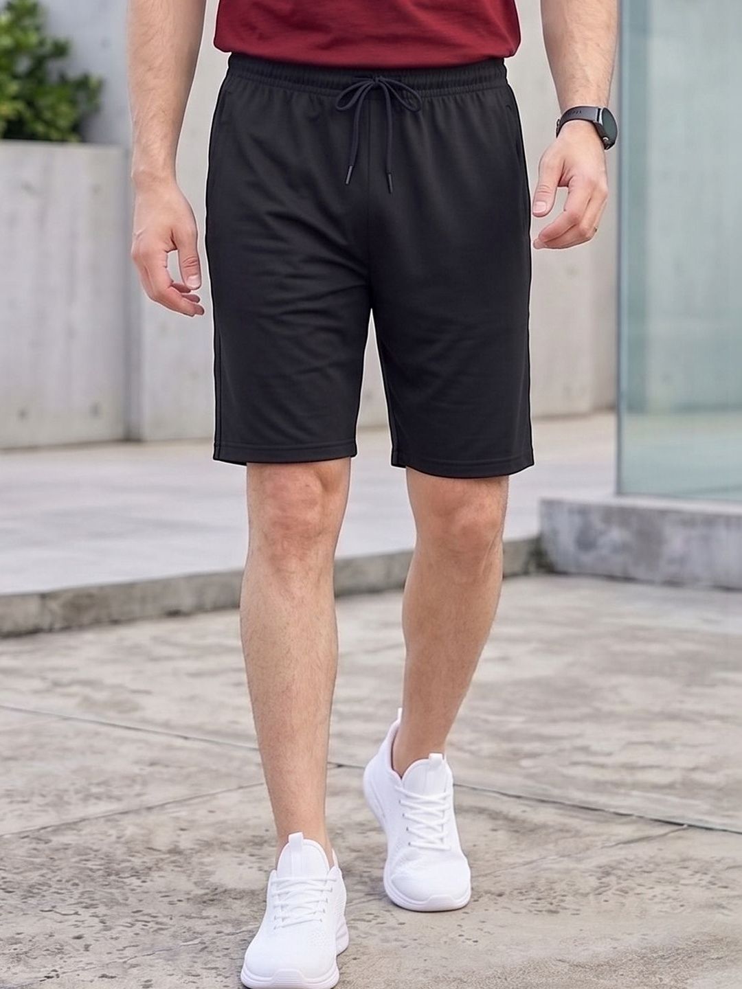 RETWE Men Mid Rise Pure Cotton Dual Side Pockets Regular Fit Black Running Sports Shorts