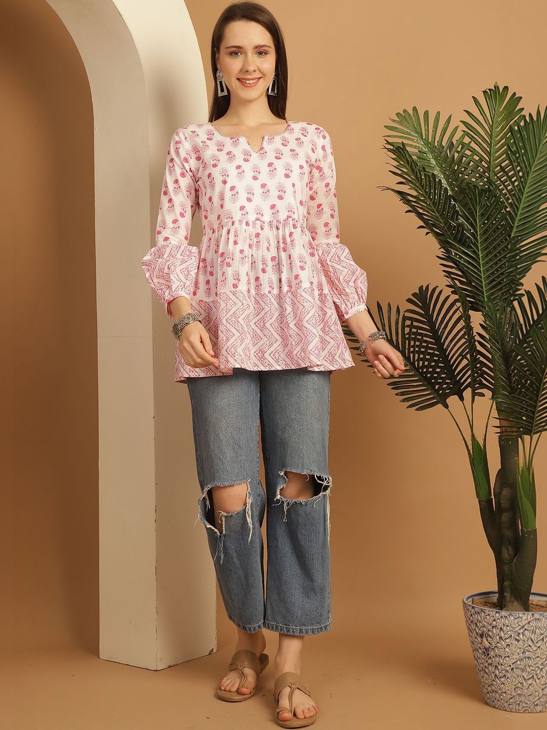 Aaradhya Fashion Ethnic Motifs Printed V-Neck Pure Cotton Blend Panelled Kurti