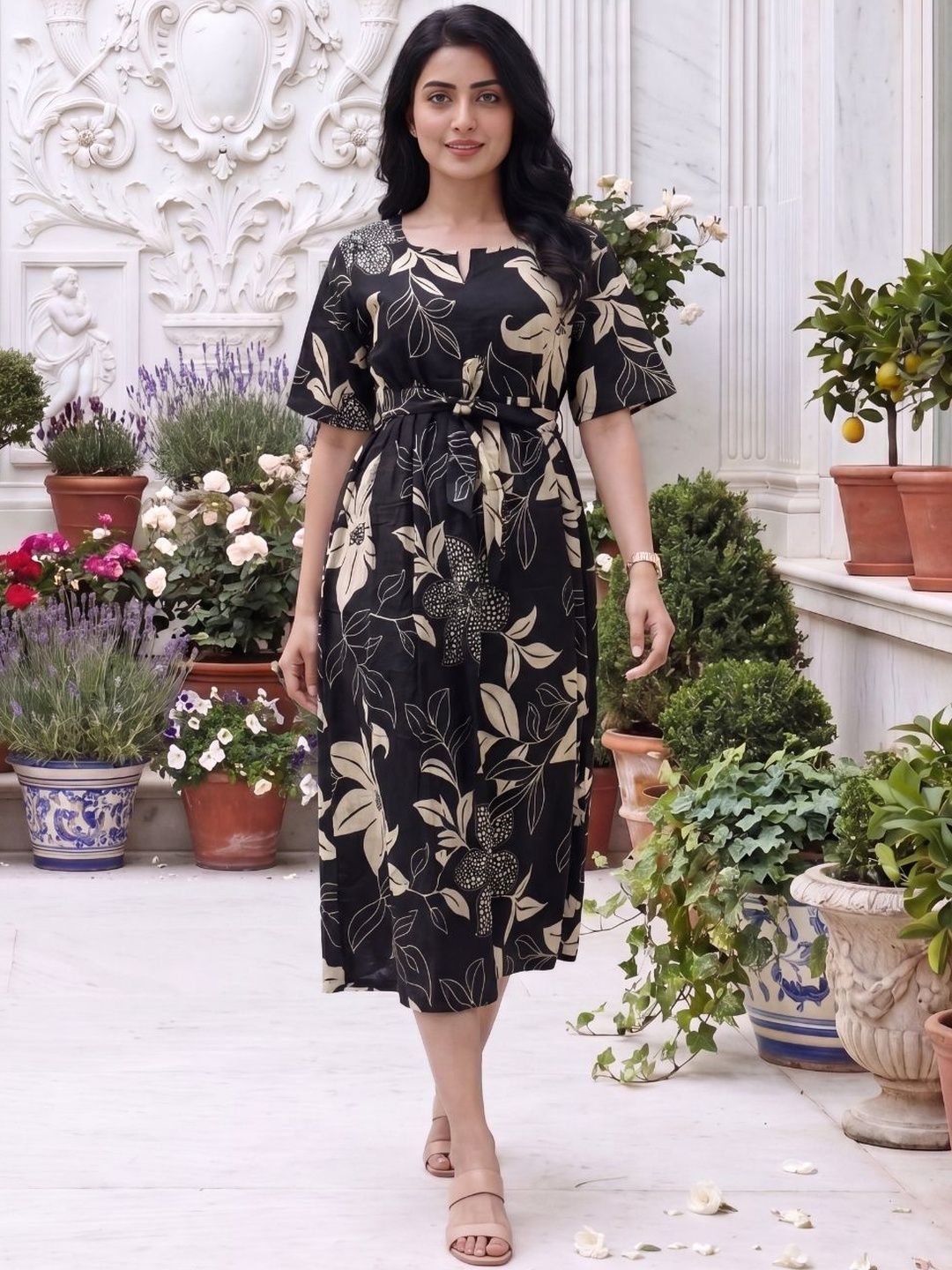 Asenne Floral Printed Notch Neck Waist Tie-Up Belted Tiered A-Line Midi Dress