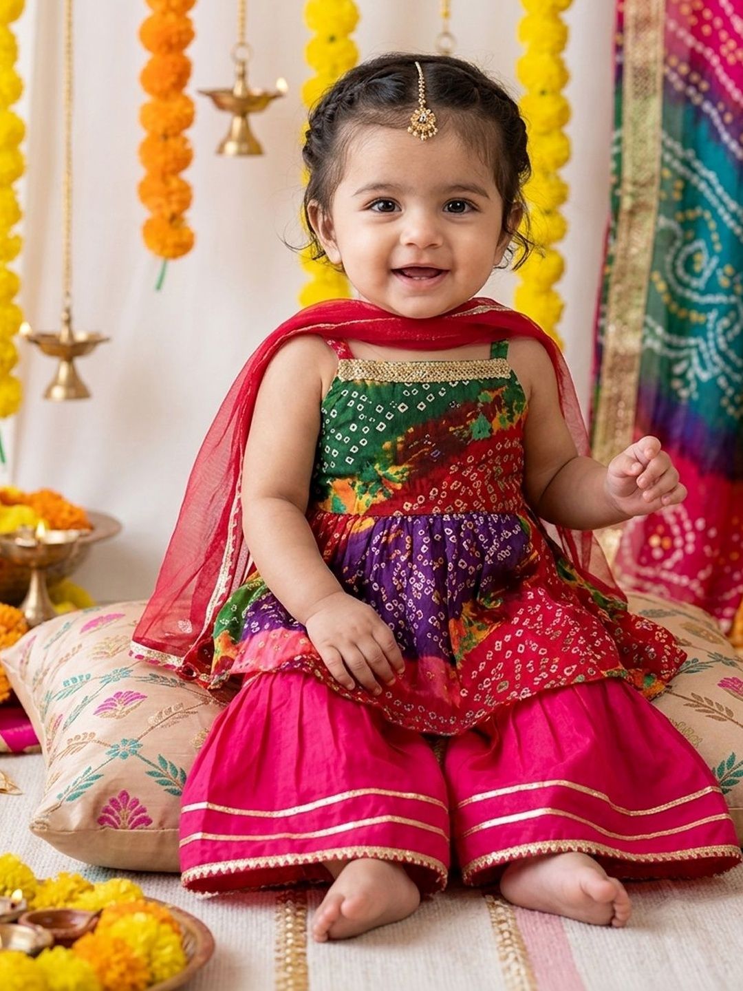 Girls Printed Pure Cotton Square Neck Kurti & Sharara With Dupatta 4