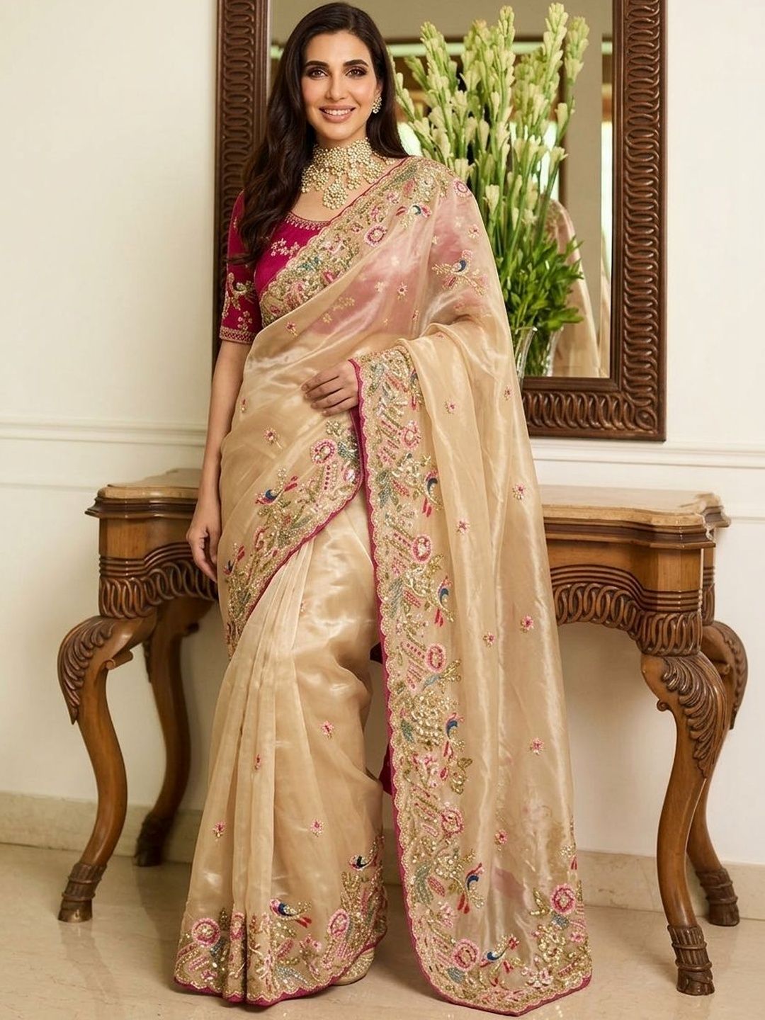 Sangria Embroidered Banarasi Sarees With Unstitched Blouse Piece