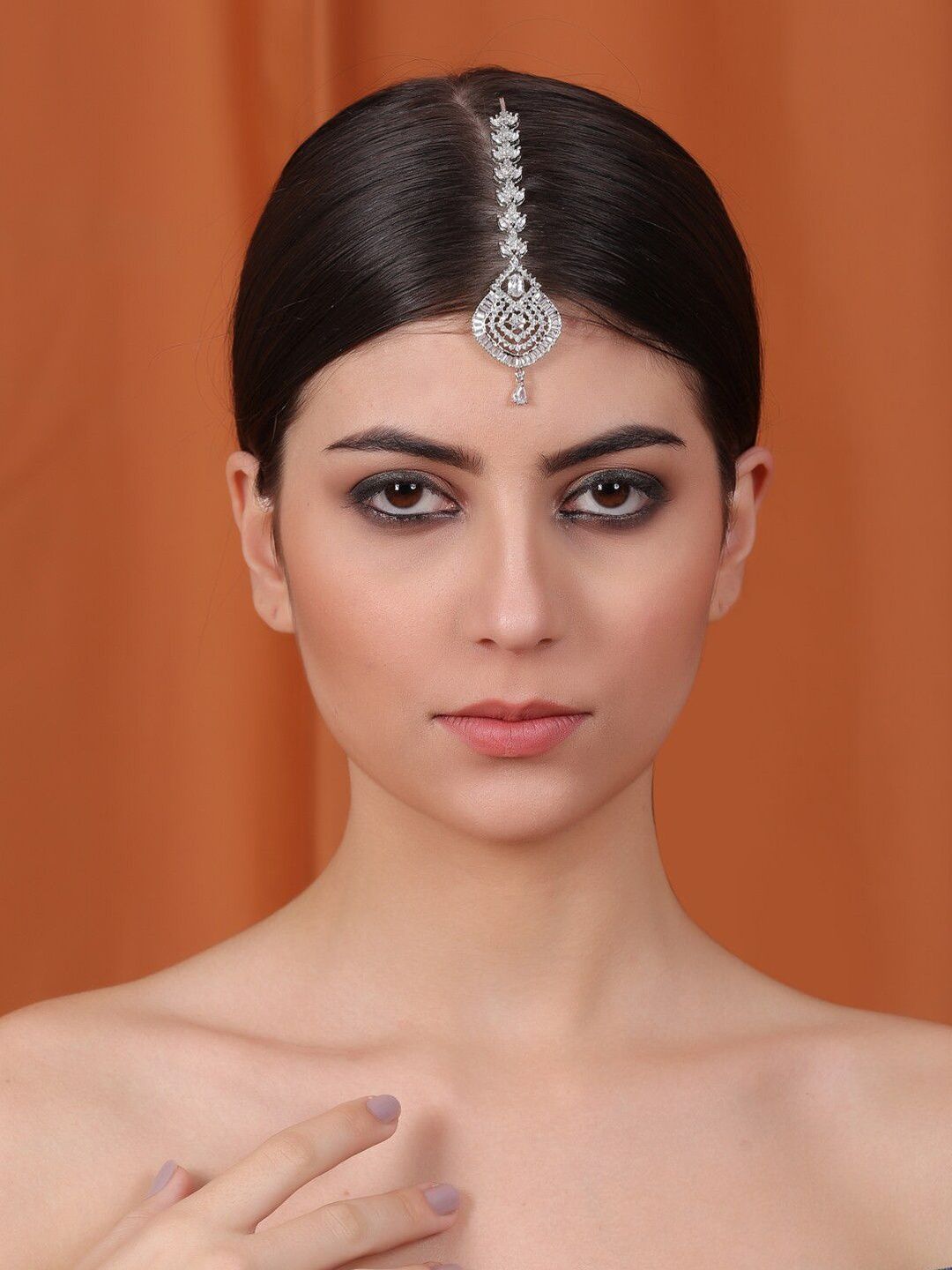 StileAdda Silver-Plated White AD Stone-Studded Maang Tikka